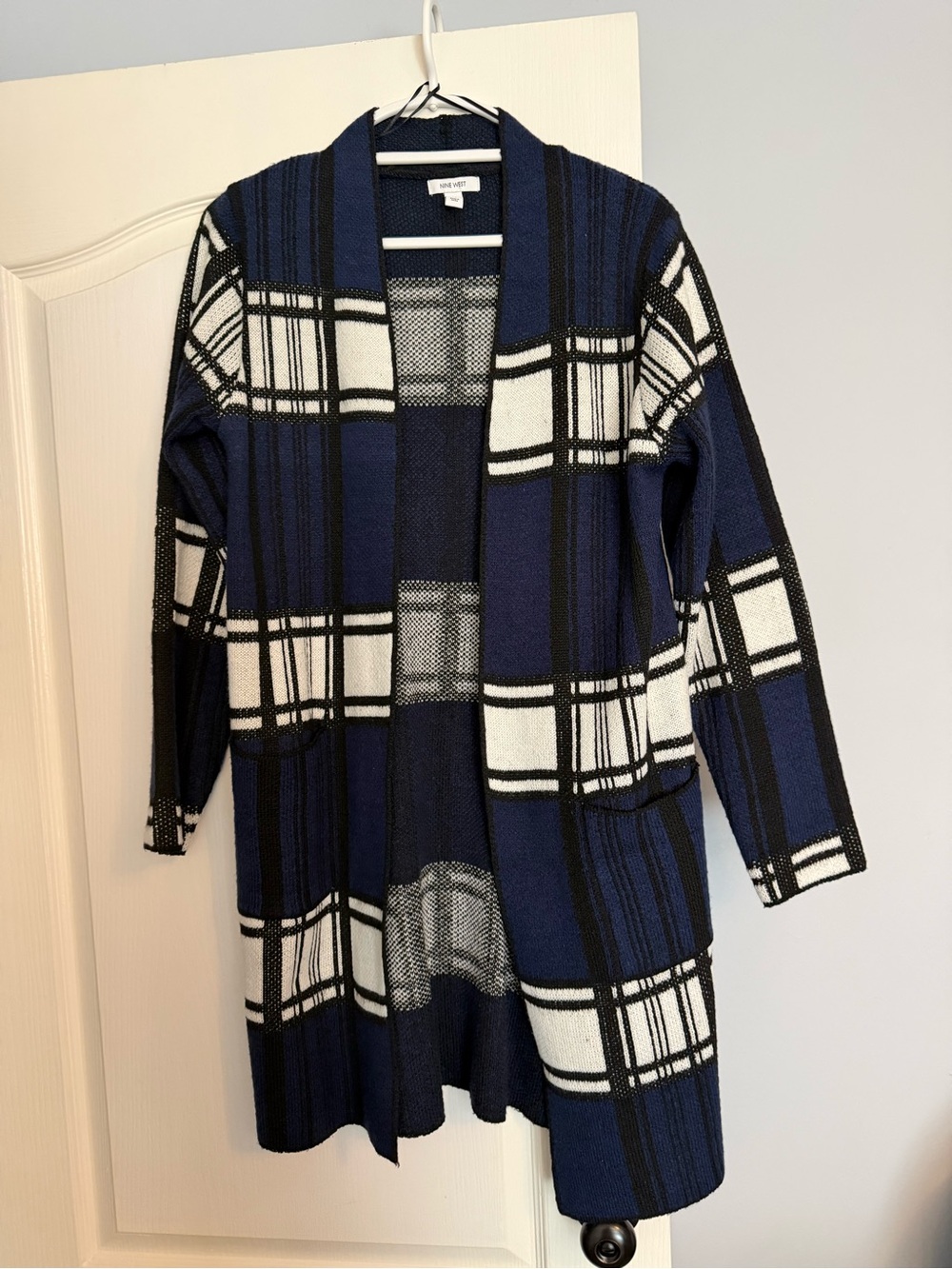 Nine West Navy Blue Black White Plaid Open-Front Cardigan